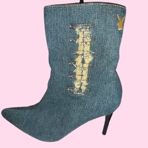 Vintage 2000s rhinestone denim playboy boots 👢